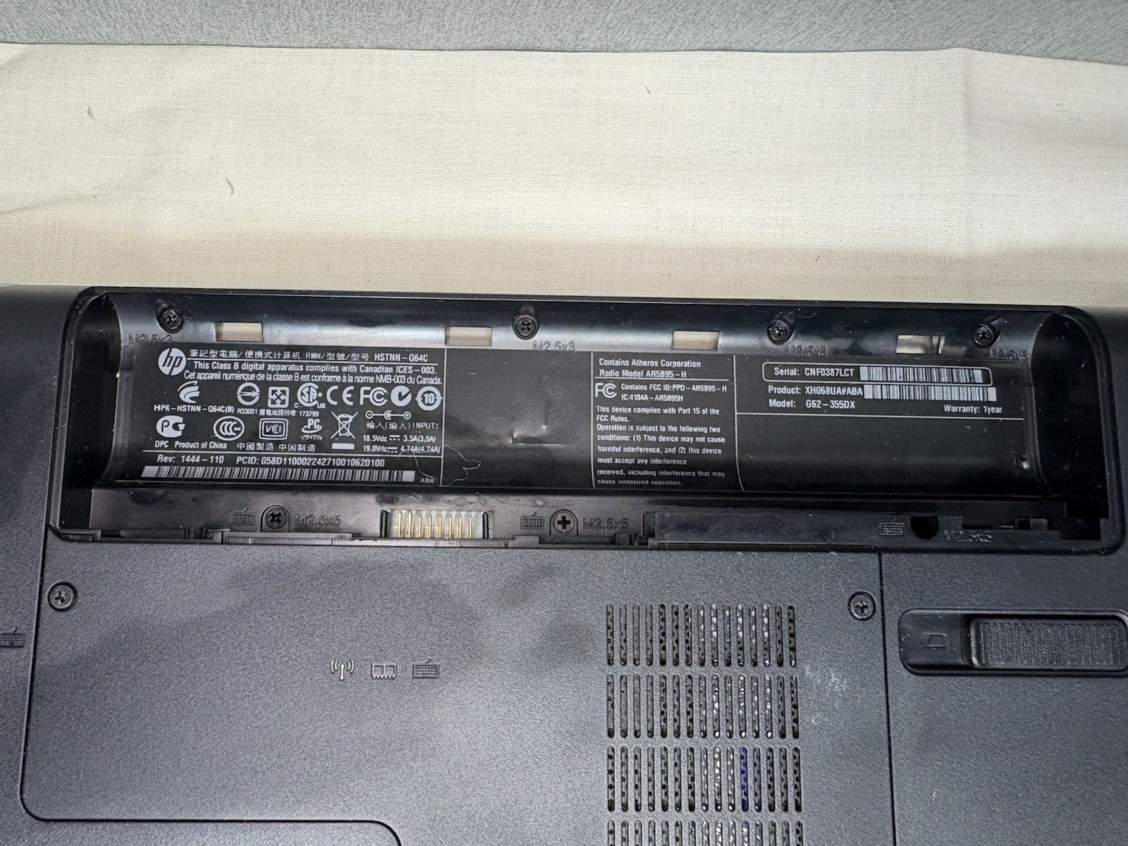 HP G62-355dx Laptop Non-working For Parts. Used. No Battery.