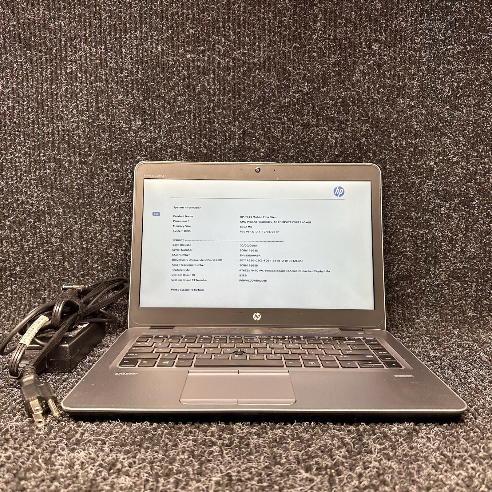 HP MT43 MOBILE THIN CLIENT 14” AMD PRO A8-9600B R5 8GB RAM w/AC NO SSD BAD BATT