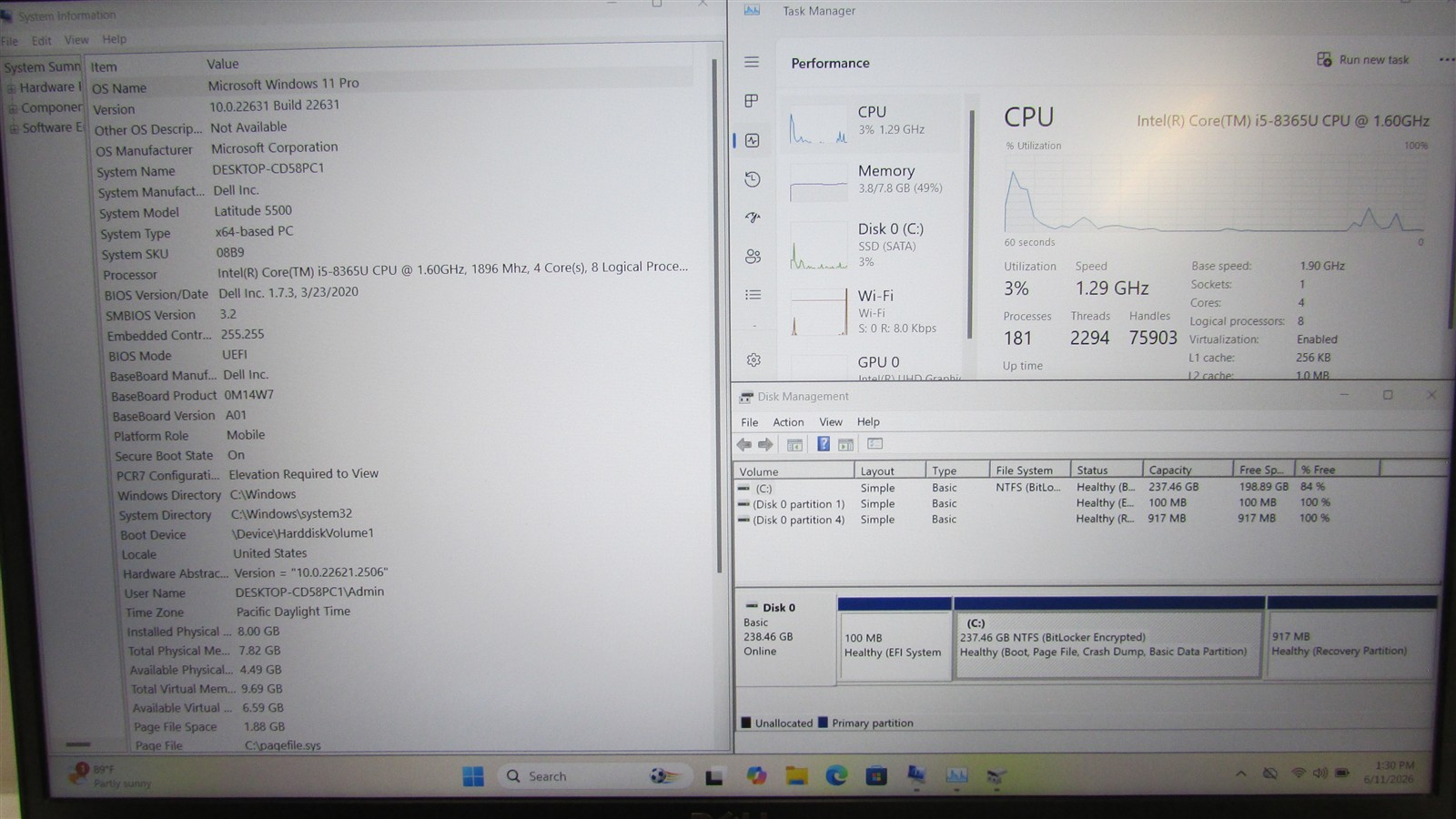 Dell Latitude 5500 i5-8365U 1.6GHz 8GB RAM 256GB m.2 15.6″ Win 11 Pro COSM DMG