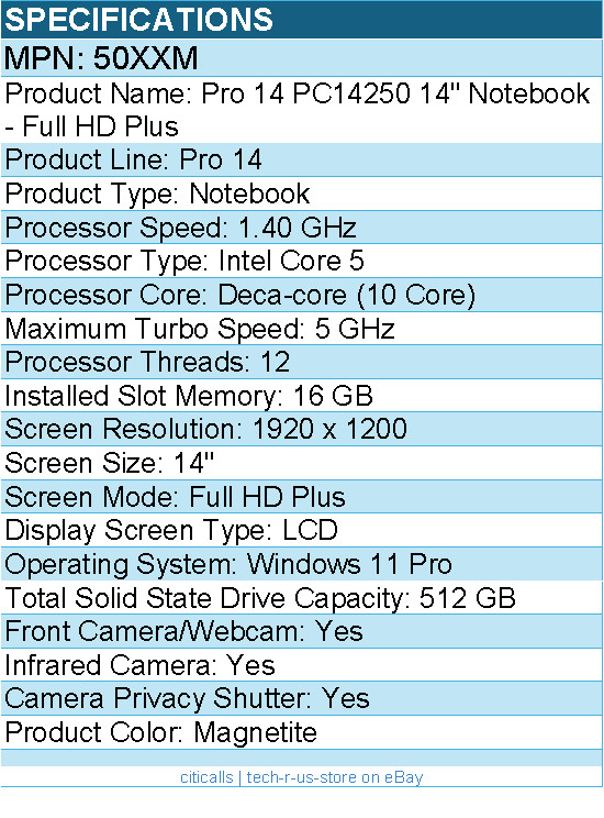 Dell 50XXM Pro 14 PC14250 14″ Notebook – Full HD Plus – Intel Core 5 – Magnetite