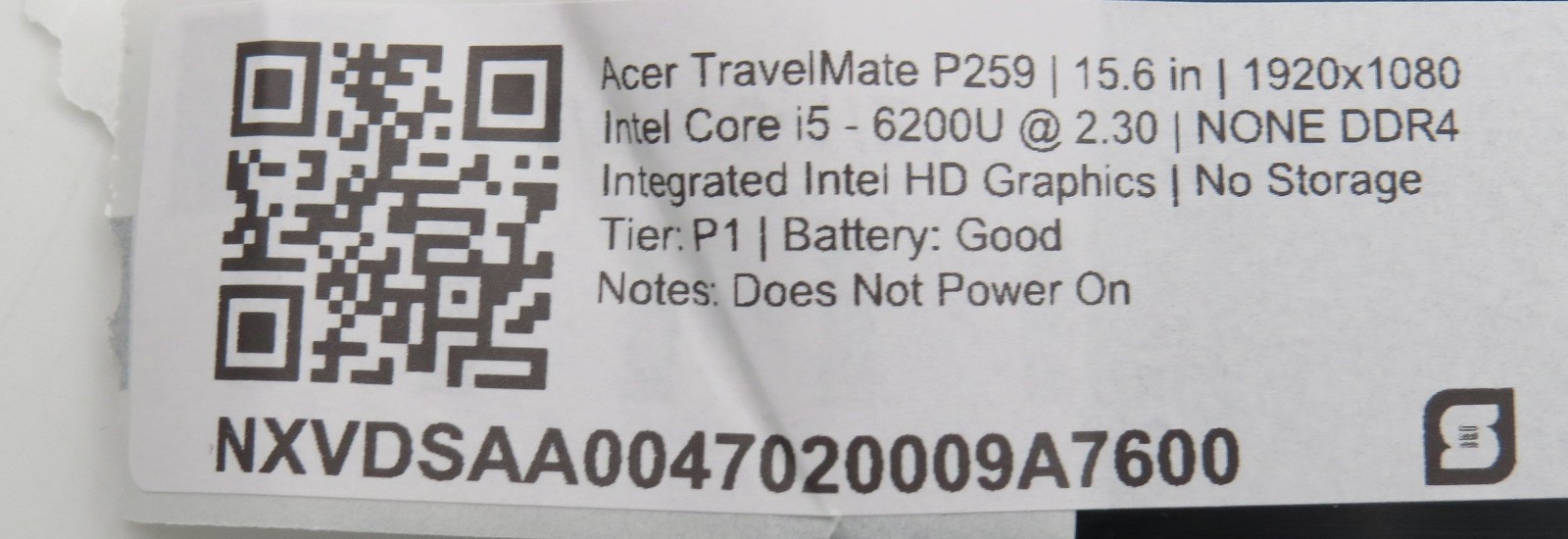 Acer TravelMate P259 | i5-6200U @ 2.3GHz | 8GB DDR4 | 15.6″ | No HDD/OS/AC PARTS