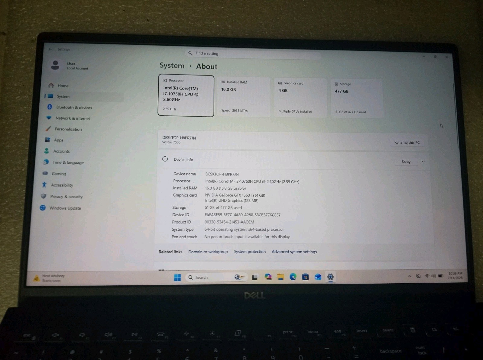 Dell Vostro 7500 15.6″ i7-10750H @ 2.6 GHz 16GB RAM 512GB GTX 1650 Ti Ready Desc