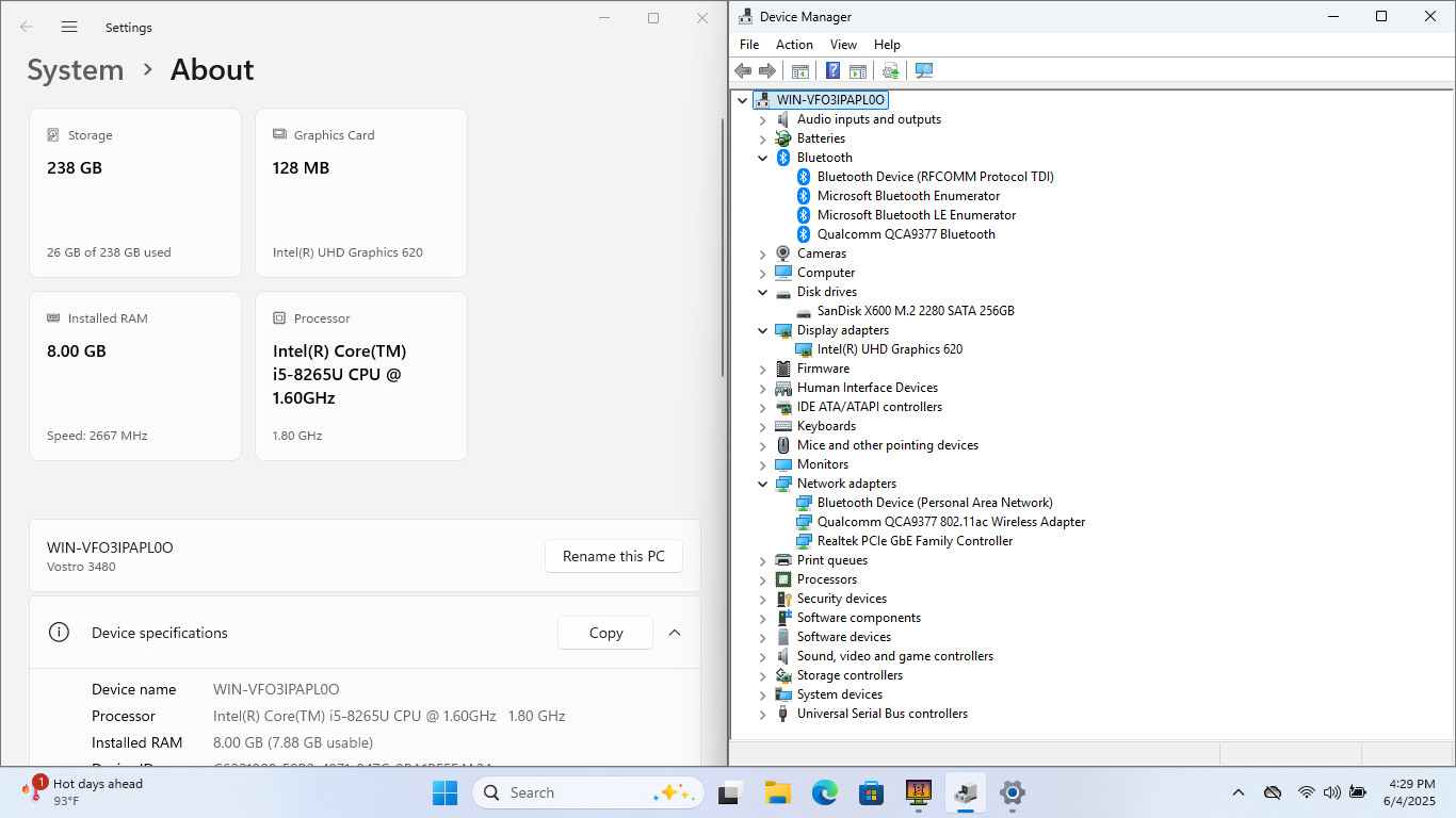 Dell VOSTRO 3480 14″ HD I5-8265U 256GB SSD 8GB W11 Webcam *READ*