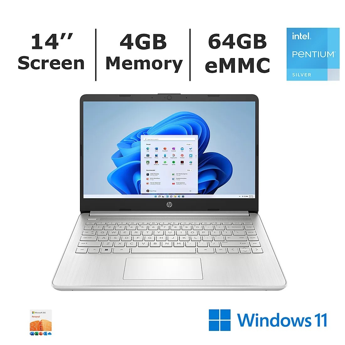 HP 14″ HD 1366×768 Pentium Silver N6000 Laptop 4GB 64GB Emmc Win11Smode AJ1U8UA