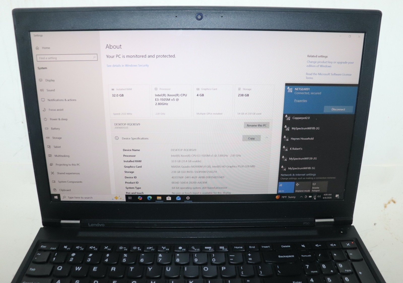 Lenovo ThinkPad P50|Intel Xeon @2.80 GHz|32GB RAM|256GB SSD|WIN10.Prof|NVIDIA