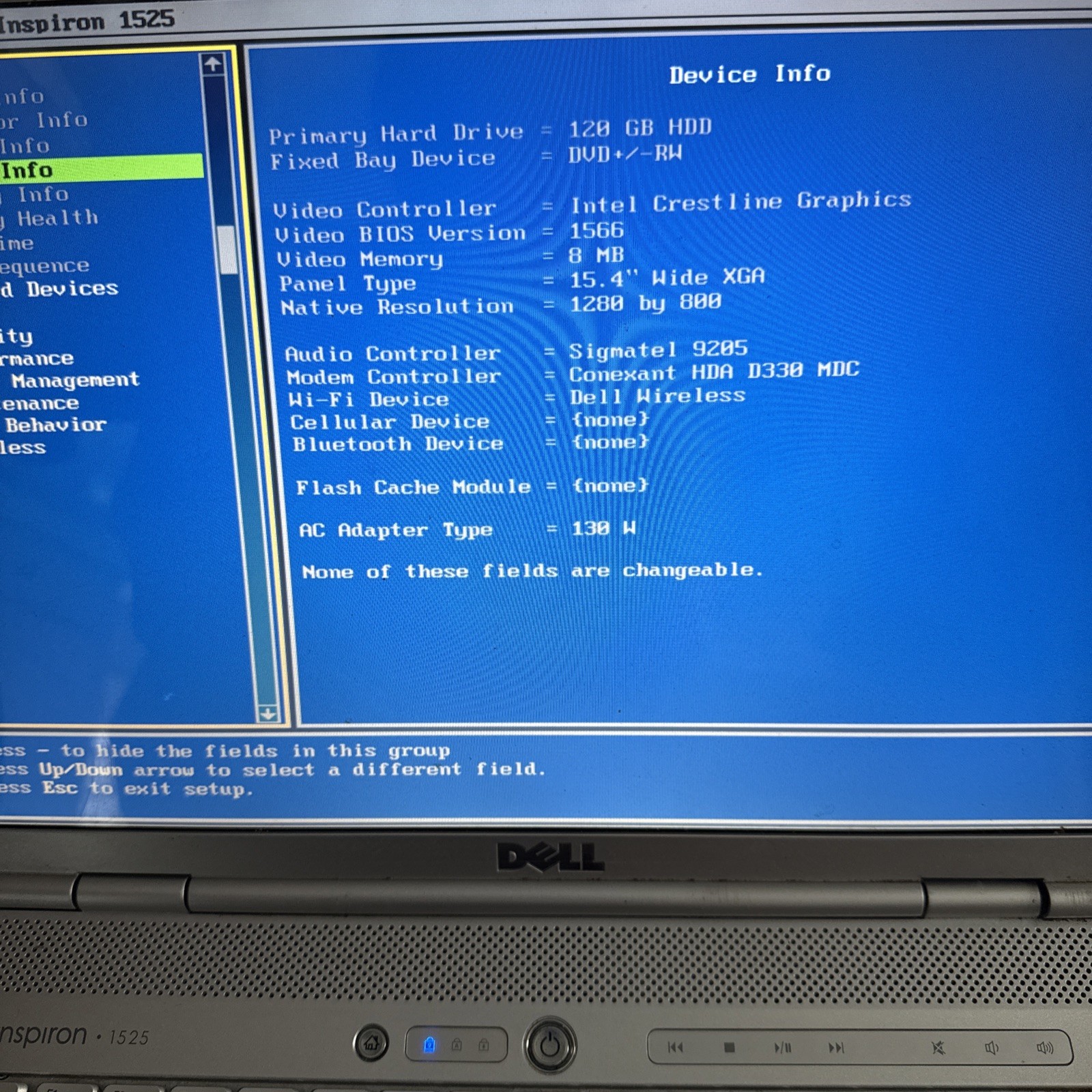 Dell Insprion 1525 intel Cpu 2.16ghz, 4gb ram, 120 HDD, Boot Bios, Batt, No OS