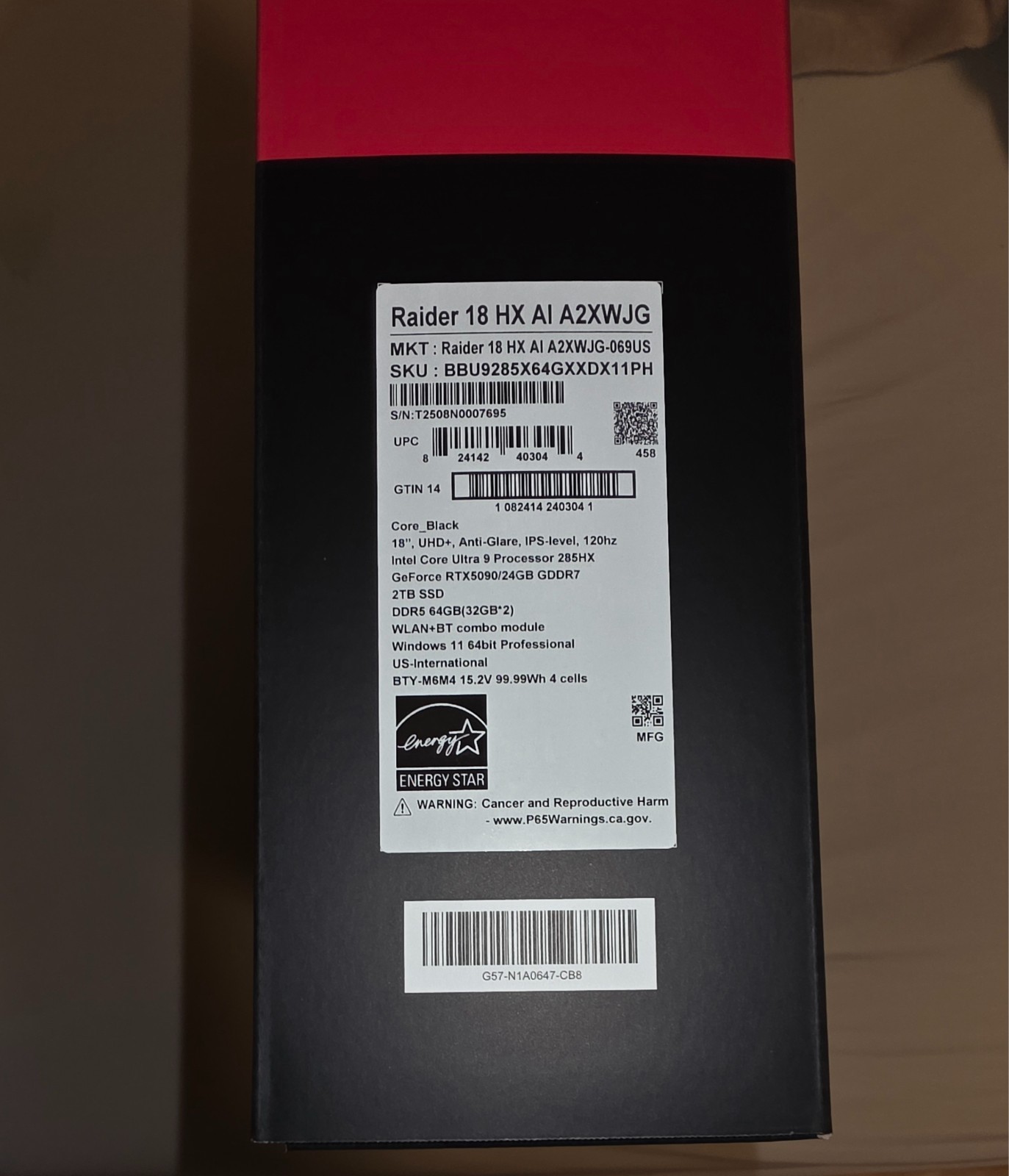 MSI RAIDER 18″ HX AI A2XWJG-069US 5090 U9-285HX 64GB 2TB 3840×2400 120Hz Laptop
