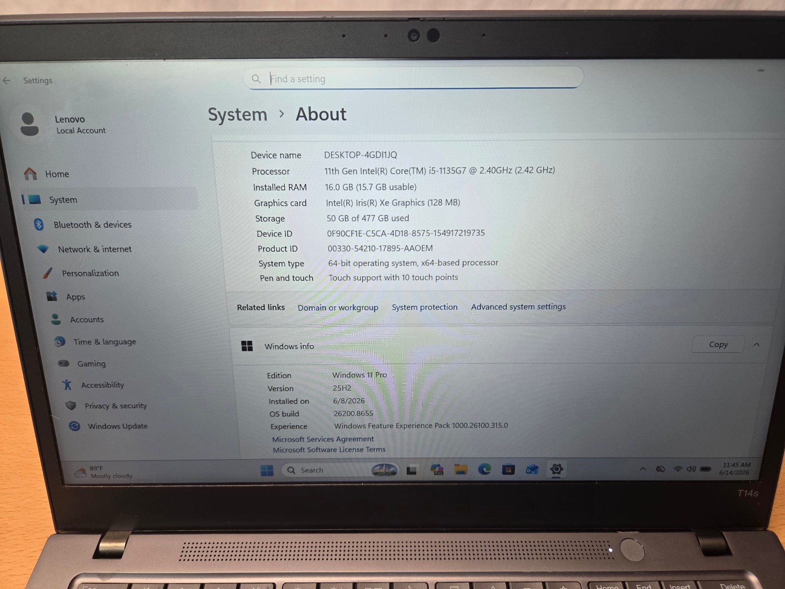 Lenovo ThinkPad T14 Gen2 I5-1135G7 16GRAM 512GSSD WIN11P Iris Xe Touchscreen