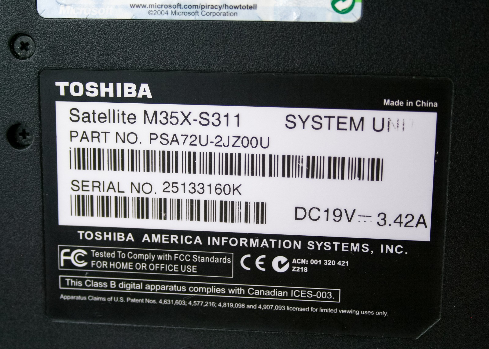 Toshiba Satellite M35X-S311 PSA72U-2JZ00U Pentium M 1.6GHz/2GB RAM/NO HDD/855GM