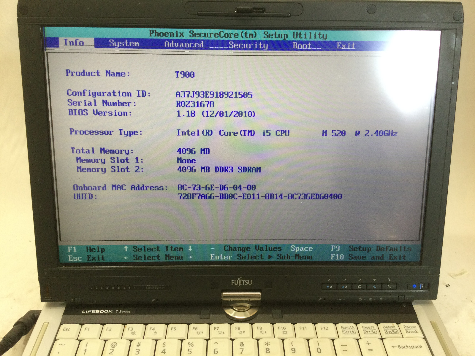 FUJITSU LIFEBOOK T SERIES T900 – BOOTS TO BIOS – INTEL I5 M520 – NO RAM- READ-BB