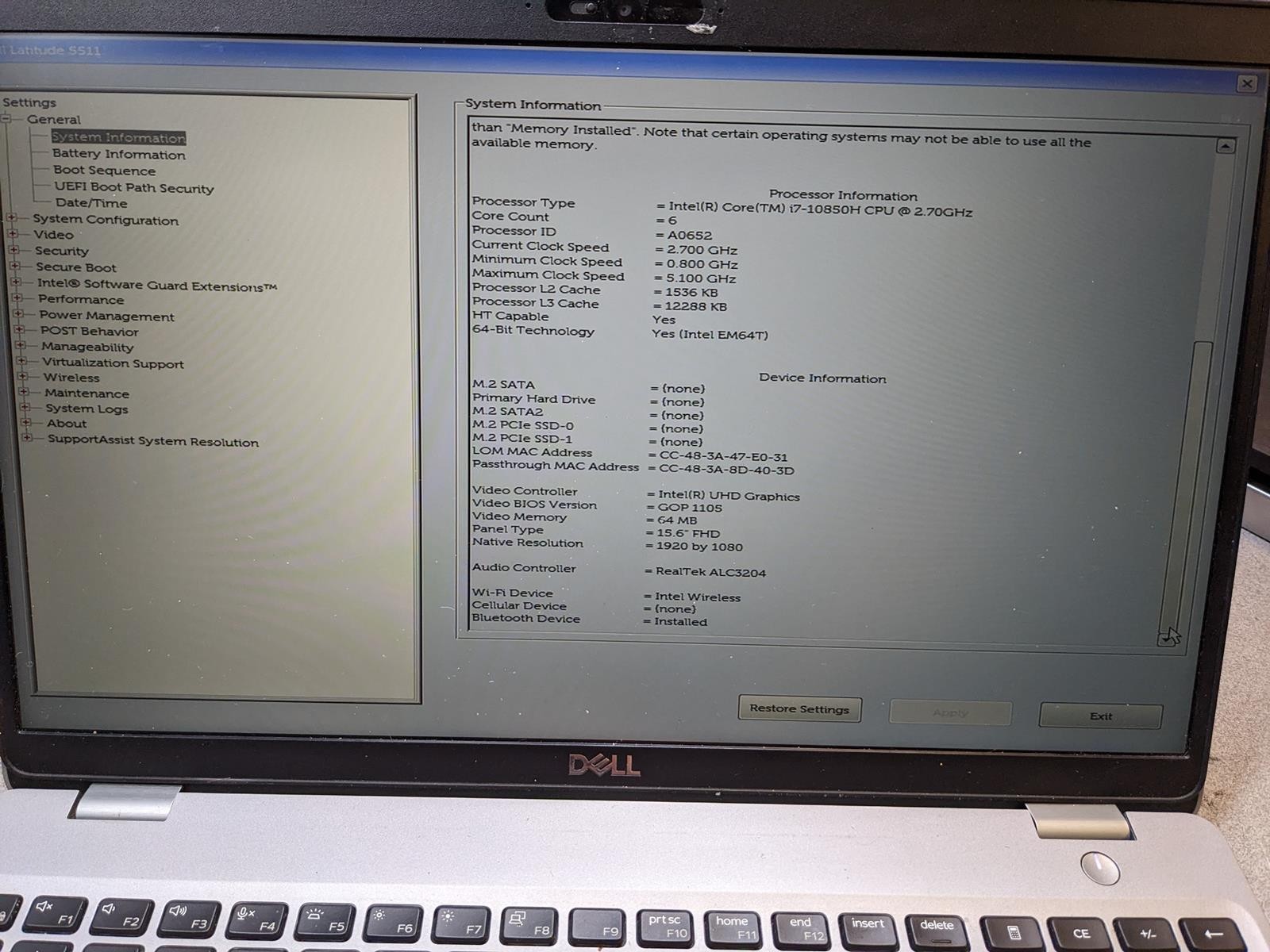 DELL LATITUDE 5511 i7-10850H @ 2.70 GHz, 8GB RAM, NO HDD/OS