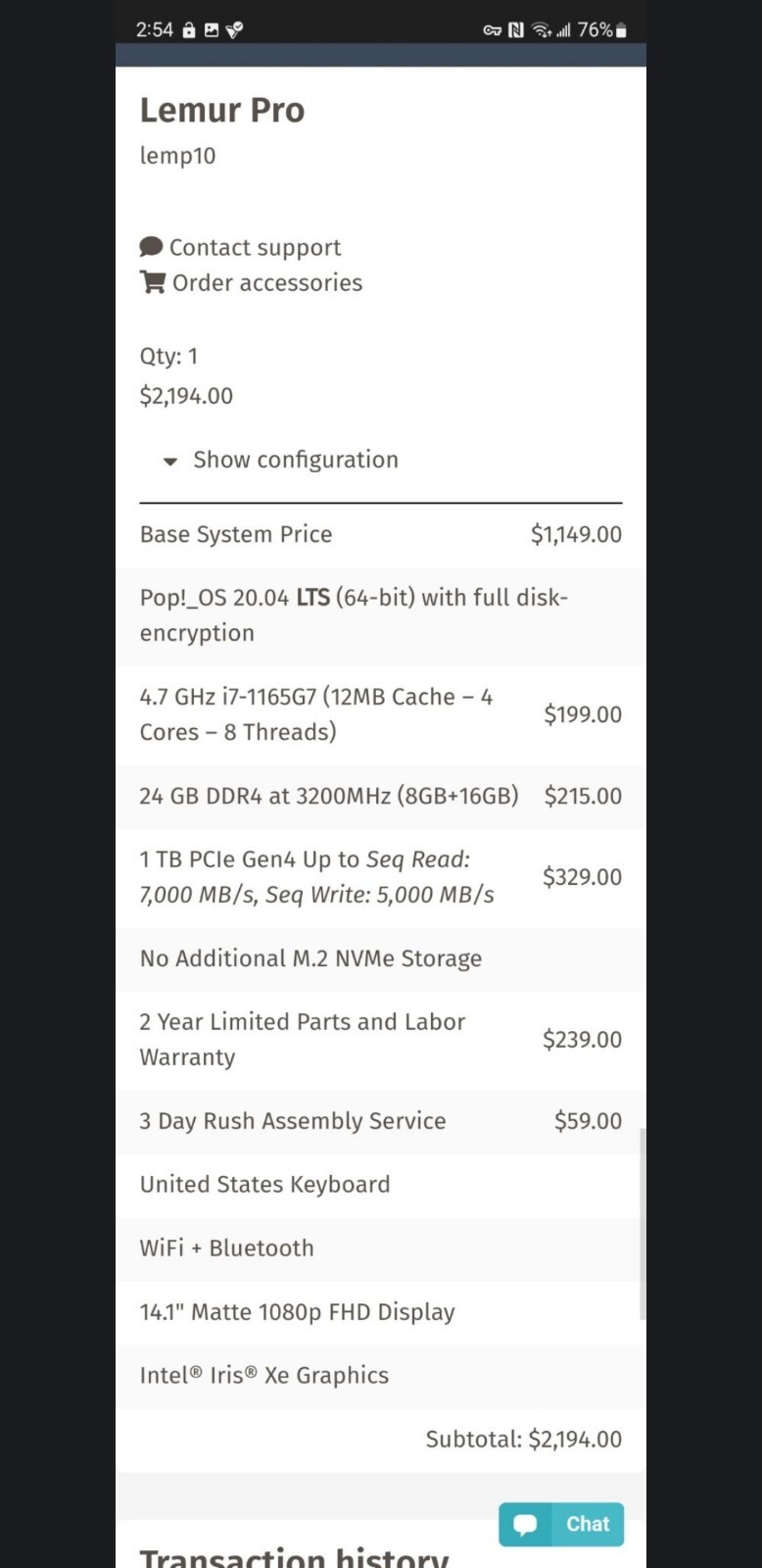 System76 Lemur Pro. Intel i7, 4 cores, 1 TB, 24 GB RAM, 14.1 in
