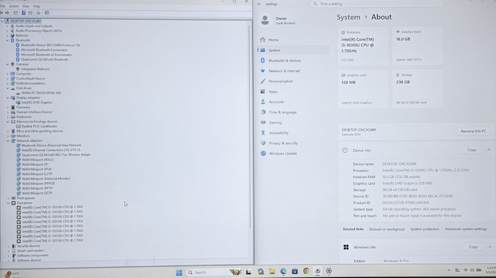 Dell Latitude 5510 15.6″ FHD i5 10310U 1.7 GHz 16Gb Ram 256 GB NVMe Win11 Pro