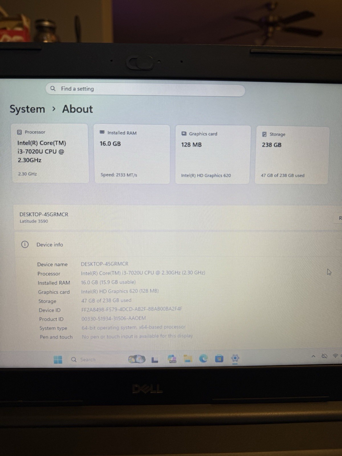 Dell Latitude 3590 i3-7020U 16GB RAM 256GB NVMe SSD Windows 11 Pro + Charger