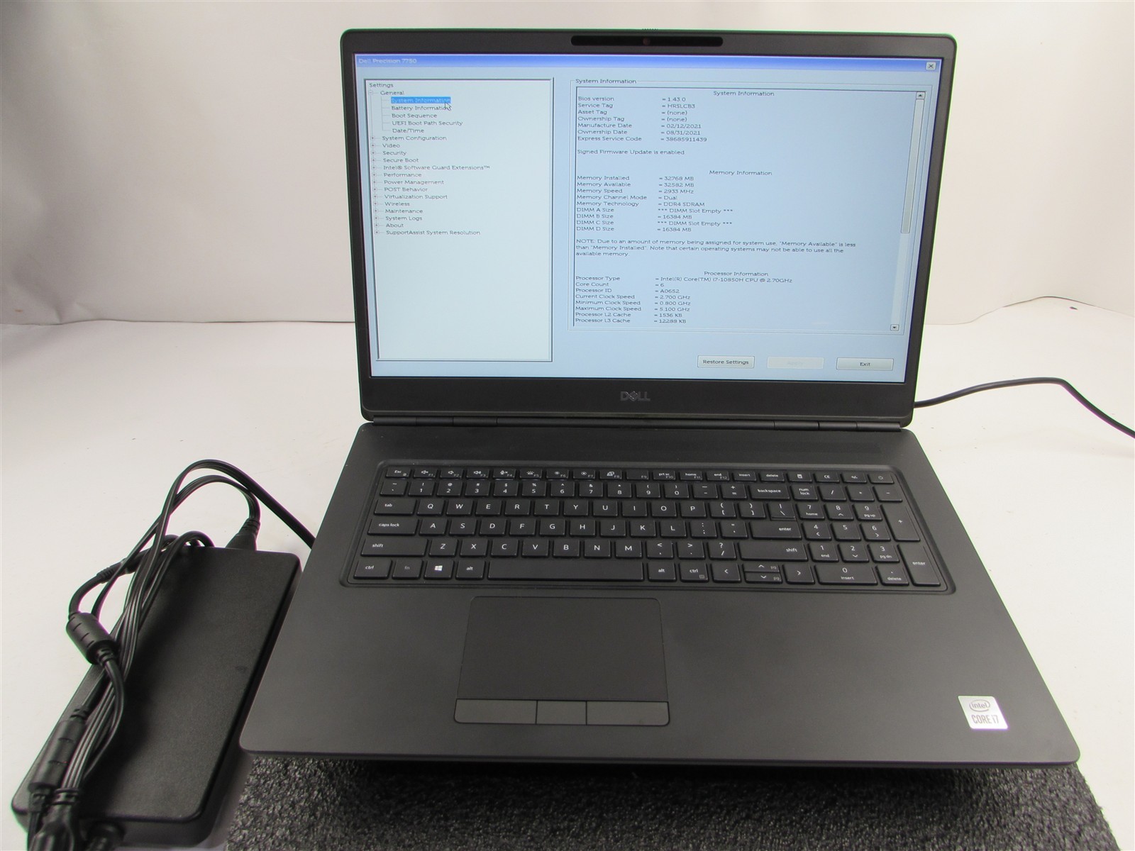 DELL PRECISION 7750 FHD CORE I7-10850H 1TB 32GB RAM RTX 3000 WIN 11 PRO NO BATT