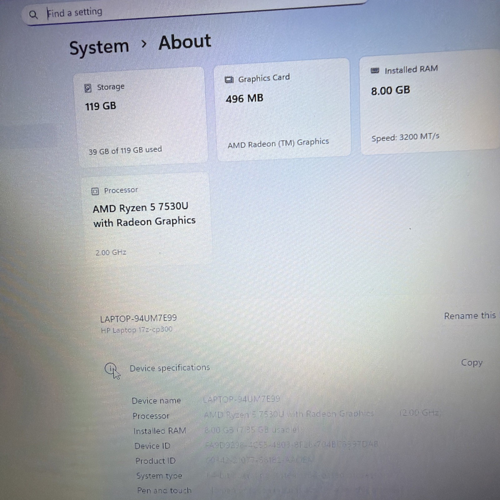 HP 17Z-CP300 17.3” FHD Laptop AMD Ryzen 5-7530U 8GB RAM 128GB SSD Windows 11
