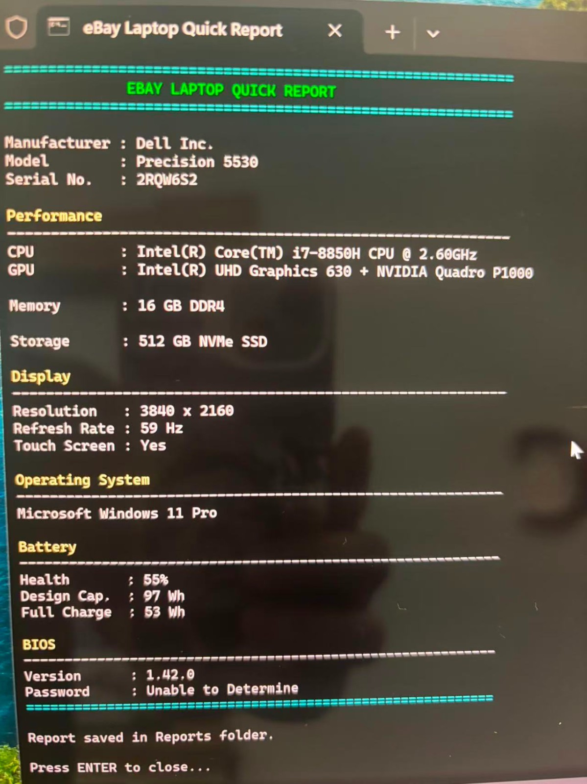Dell Precision 5530 15″ 4K FHD i7-8850H P1000 16GB DDR4 512gb NVME Win11 Touch