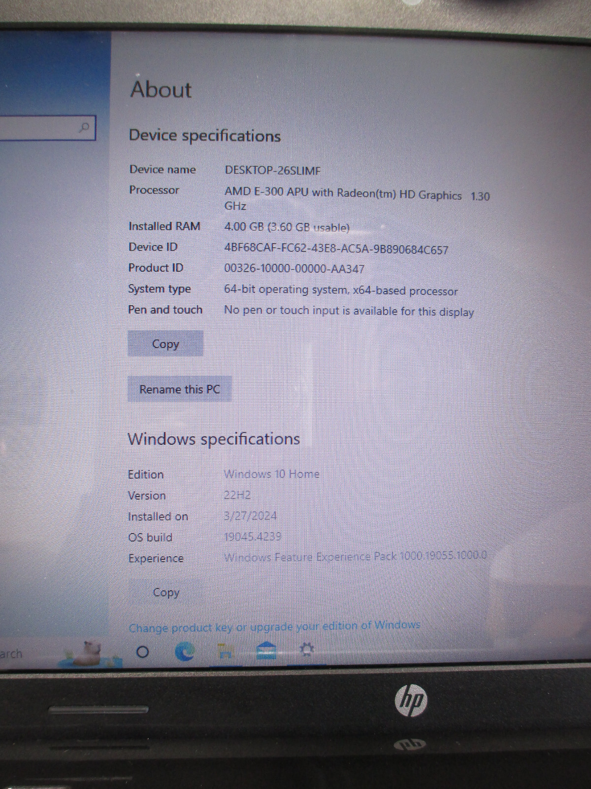 HP 2000-BF69WM Laptop 15.6” AMD E-300 1.3Ghz 4GB RAM 320GB HDD Windows 10