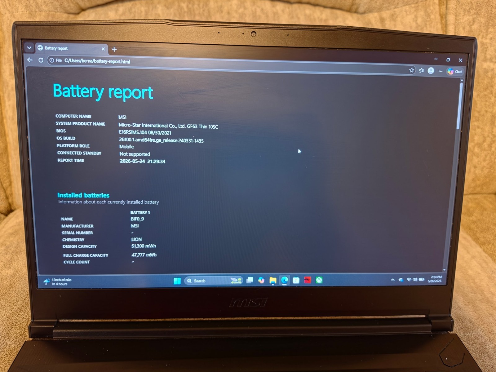 MSI GF63 Thin 10SC 15.6″ GeForce GTX Win 11