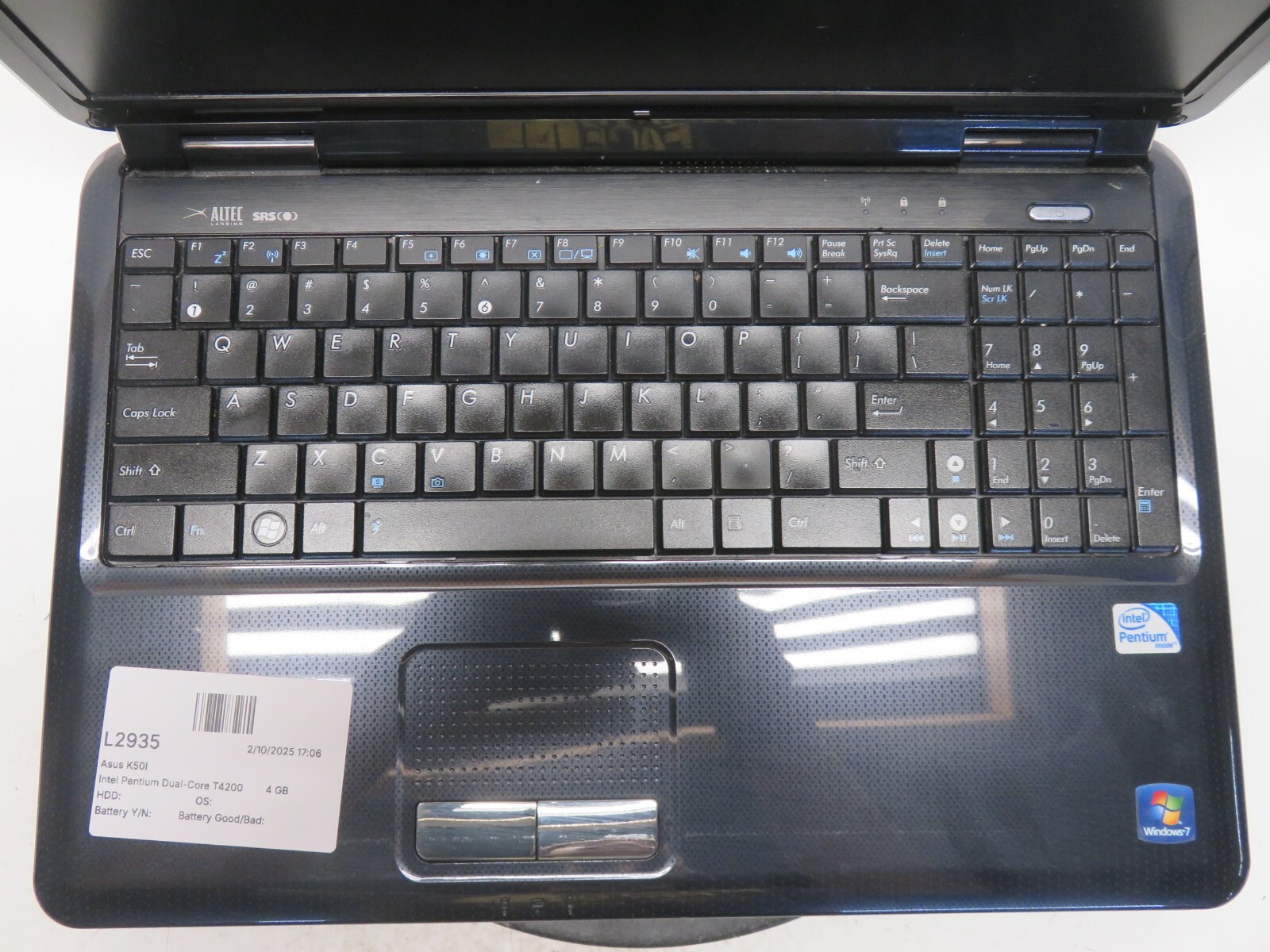 Asus K50I Intel Pentium Dual-Core T4200 2GHz 4 GB NO HDD No Batt