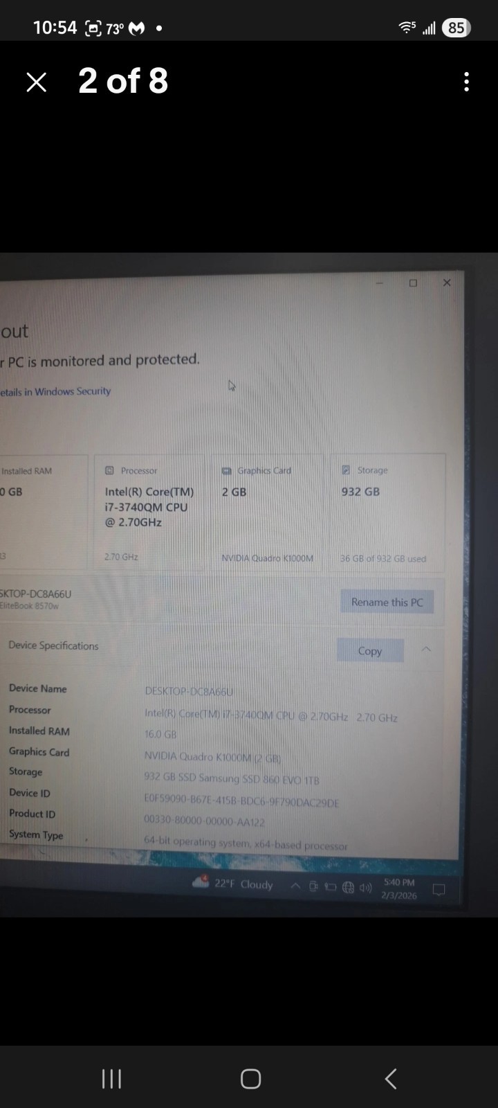 HP EliteBook 8570w I7 3.7GHz, 32GB RAM, 256GB SSD + 1TB HDD 1080p Windows 11 Pro