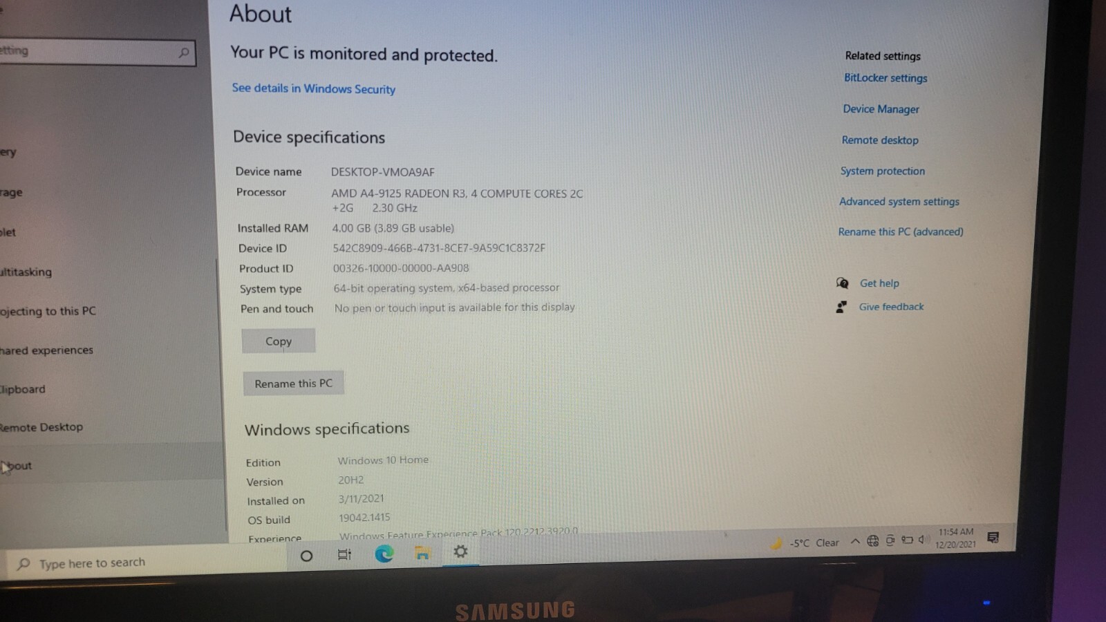 HP 15″ LAPTOP 15-db0088ca | AMD A4-9125 R4 2.6GHz | 4GB RAM | 256 | Windows 10