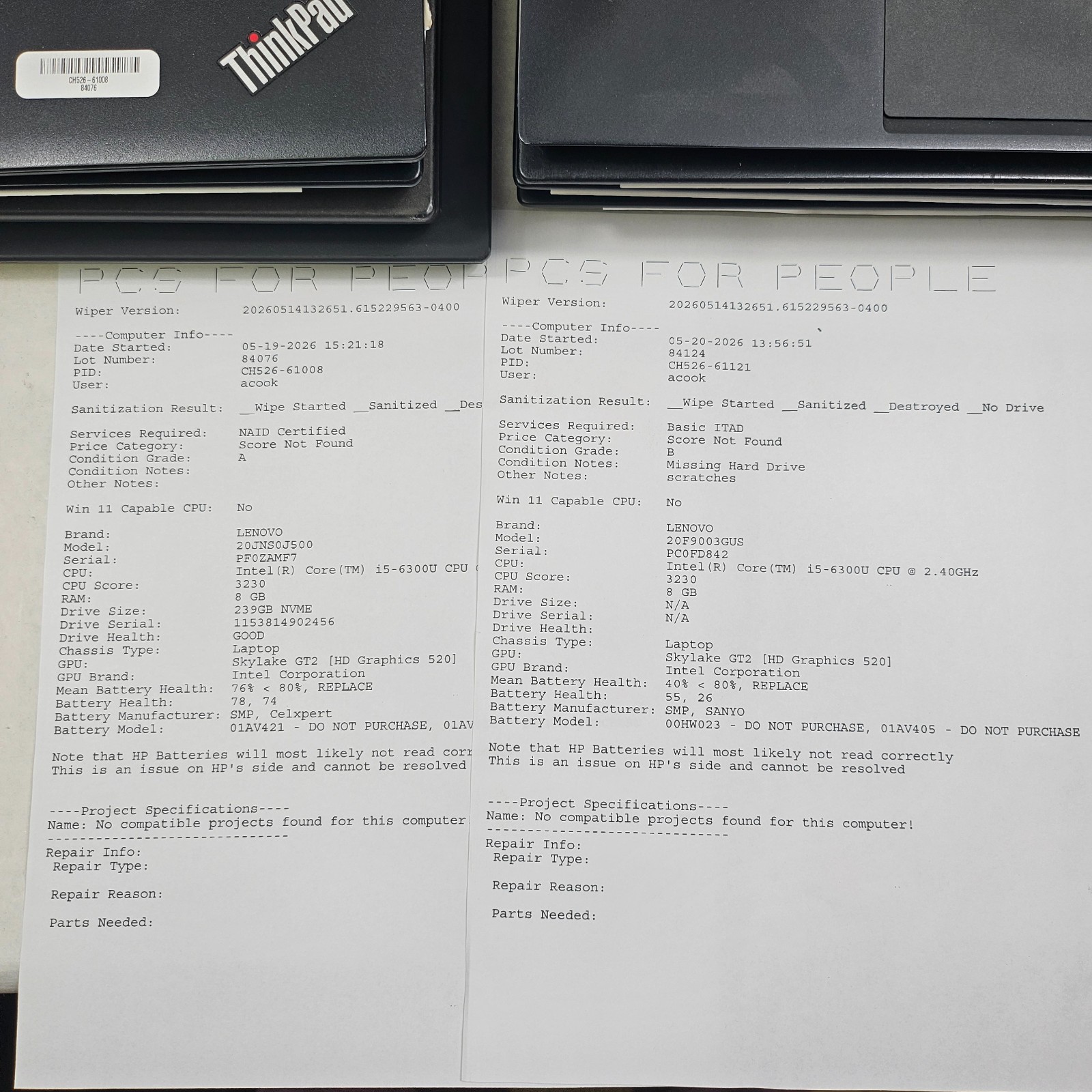 Lot of 9 Mixed Model Lenovo ThinkPad i5-6th-8th Gen 8GB RAM Mixed Specs *Read