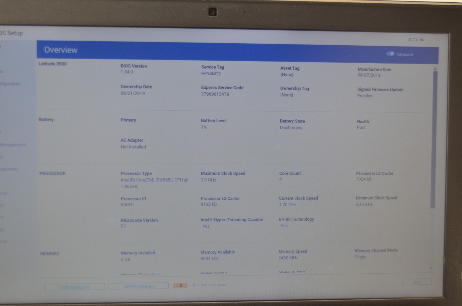 Dell Latitude 3500 15.6″ i7-8565U 1.80GHz 8GB Ram NO HDD/OS FOR PARTS READ