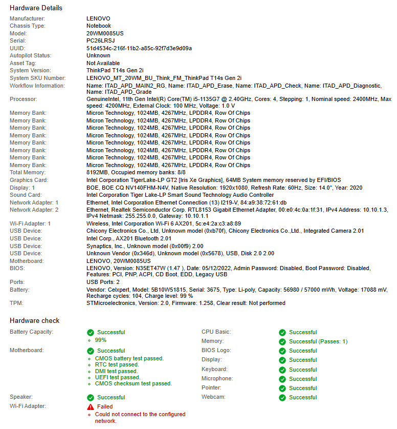 Lenovo ThinkPad T14s Gen 2i, i5-1135G7, @ 2.40GHz, 8GB RAM-No HDD/OS/Adapter