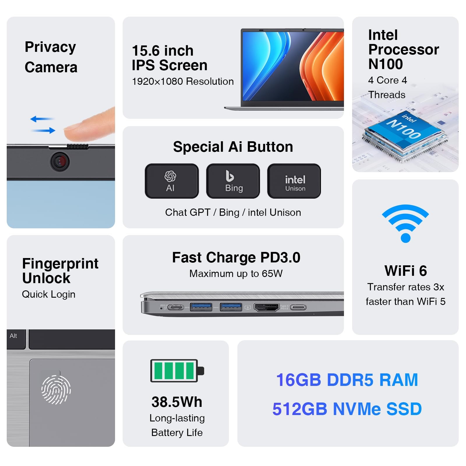 Laptop Computer, N100 Quad-Core, 16GB DDR5 512GB NVMe SSD (Silver) | 15.6″