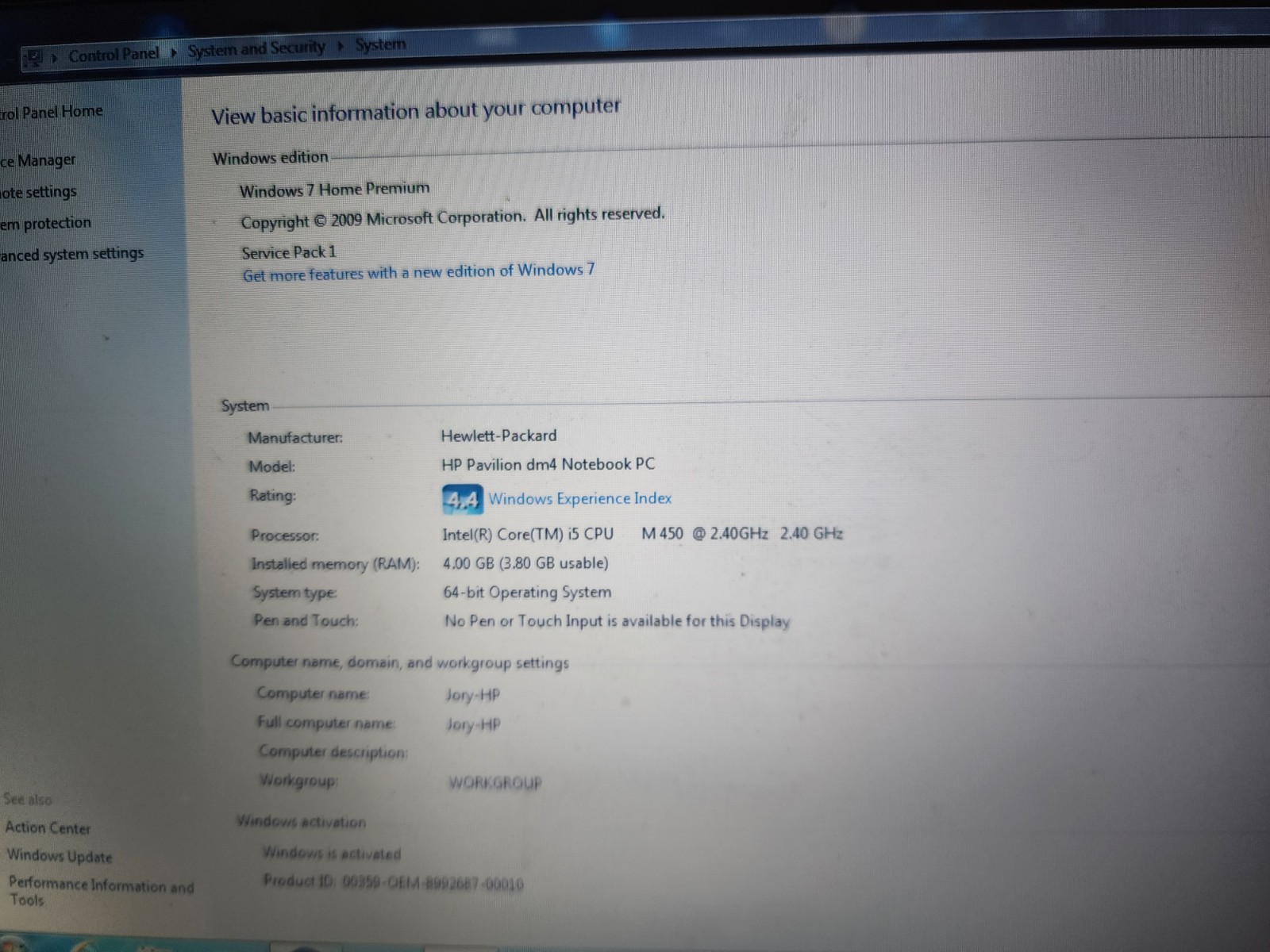 HP PAVILION DM4 4GB RAM 500GB HDD I5-m450@2.40ghz 4gb Ram WIN 7, NO BATTERY Read