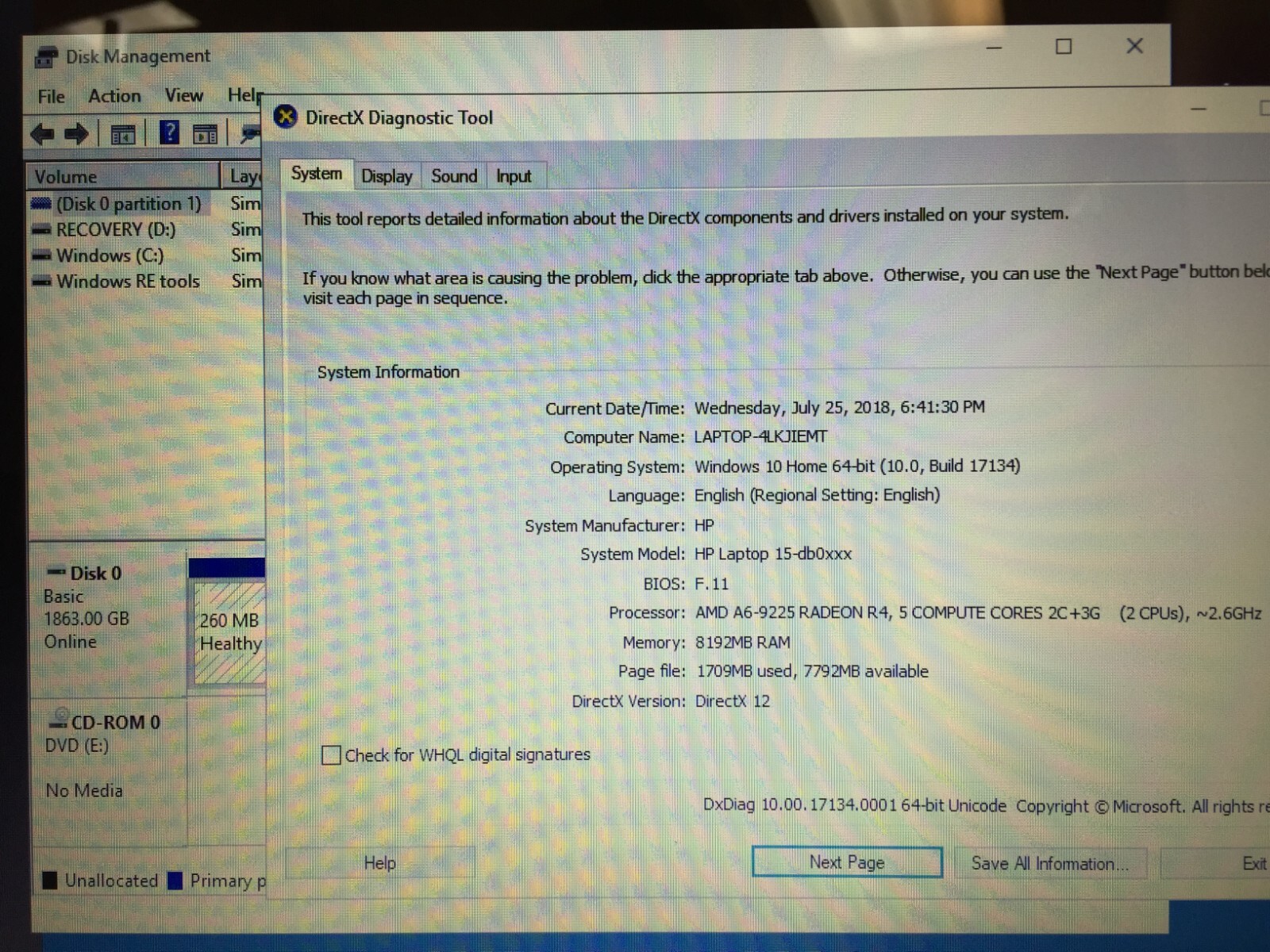 *Bad Battery*HP 15-DB0011DX 15.6 Laptop/AMD A6-9225 2.60GHz/8GB RAM/2TB HDD/W10H