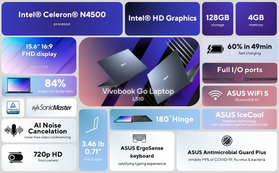 ASUS 15.6” Vivobook Go Laptop, Intel Celeron N4500, 4GB RAM, 128GB L510KA-ES04