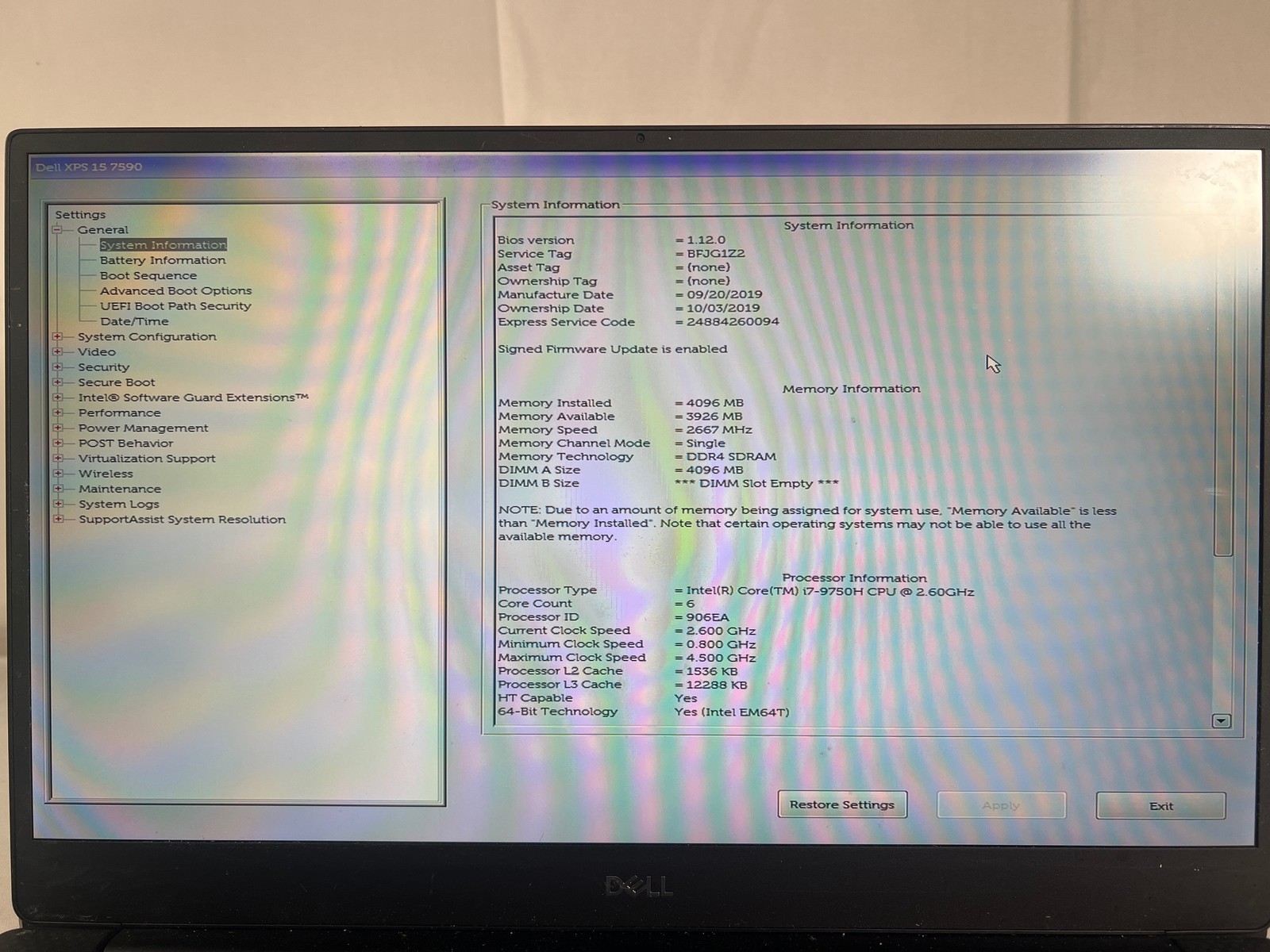 Dell XPS 15 7590 i7-9750H 2.6GHz None No Drive 15.6″ FOR PARTS/REPAIR