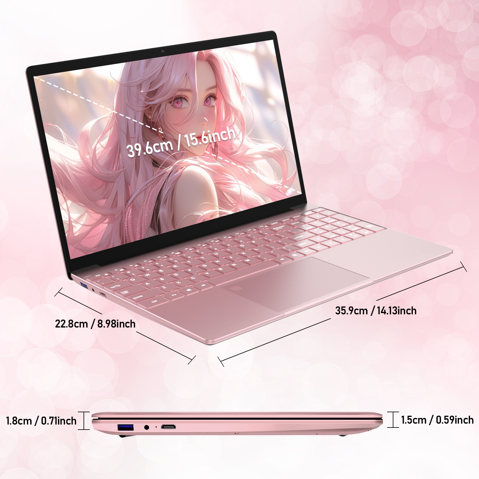 15.6″ FHD 1080P Laptop Celeron N95 32GB + 1TB SSD 8000mAh Battery Pink Notebook