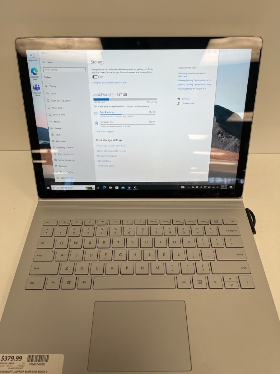 MICROSOFT SURFACE BOOK 3 WITH CHARGER AND KEYBOARD, I5@1.5GHZ, 8GB, (P04014785)