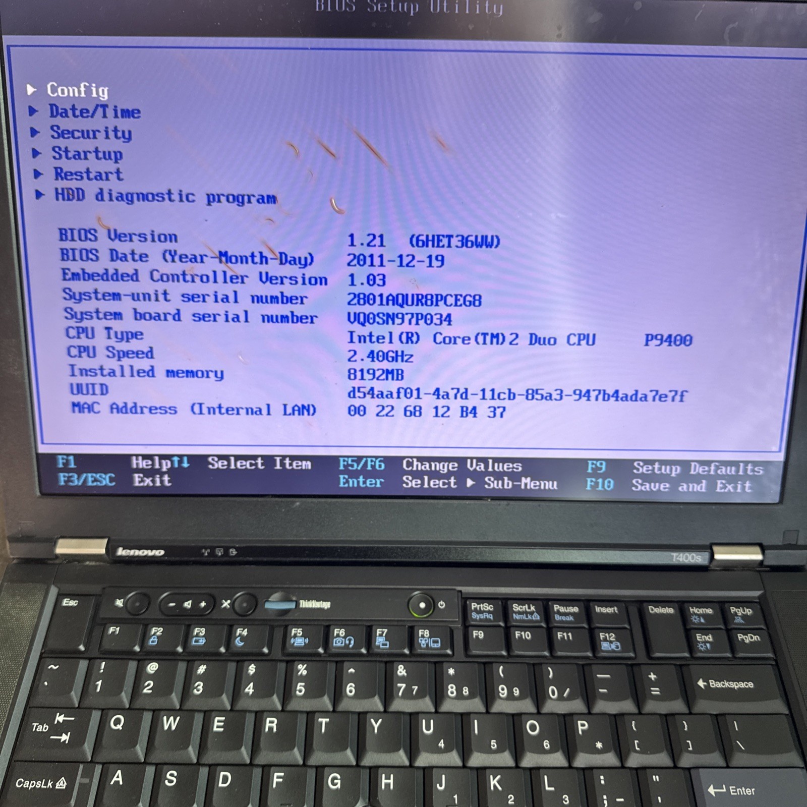 Lenovo ThinkPad T400s P9400 14″ Core 2 Duo 8GB RAM NO BOOT