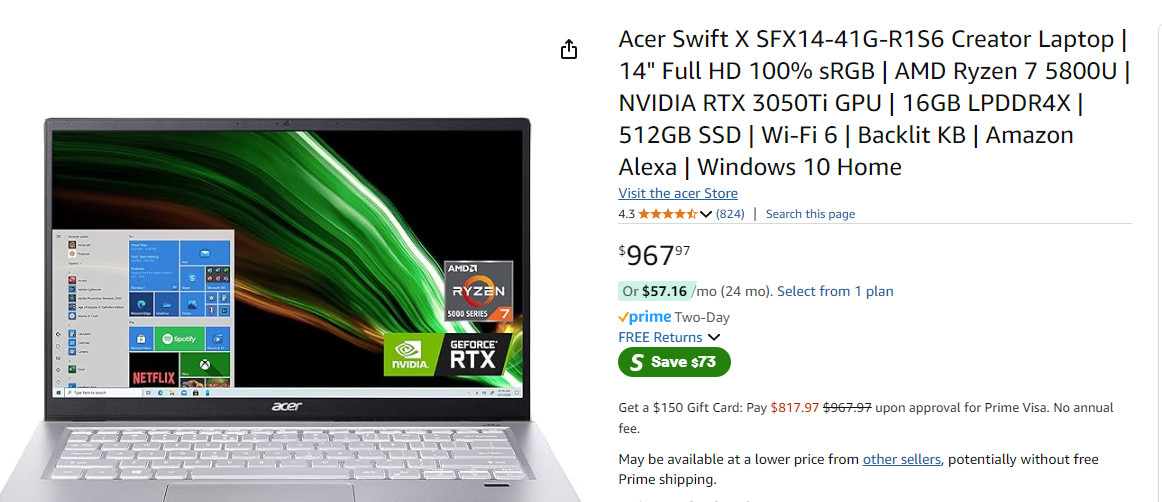 Acer Swift X RTX 3050TI 16GB AMD Ryzen 7 5800U Creator Gaming Laptop