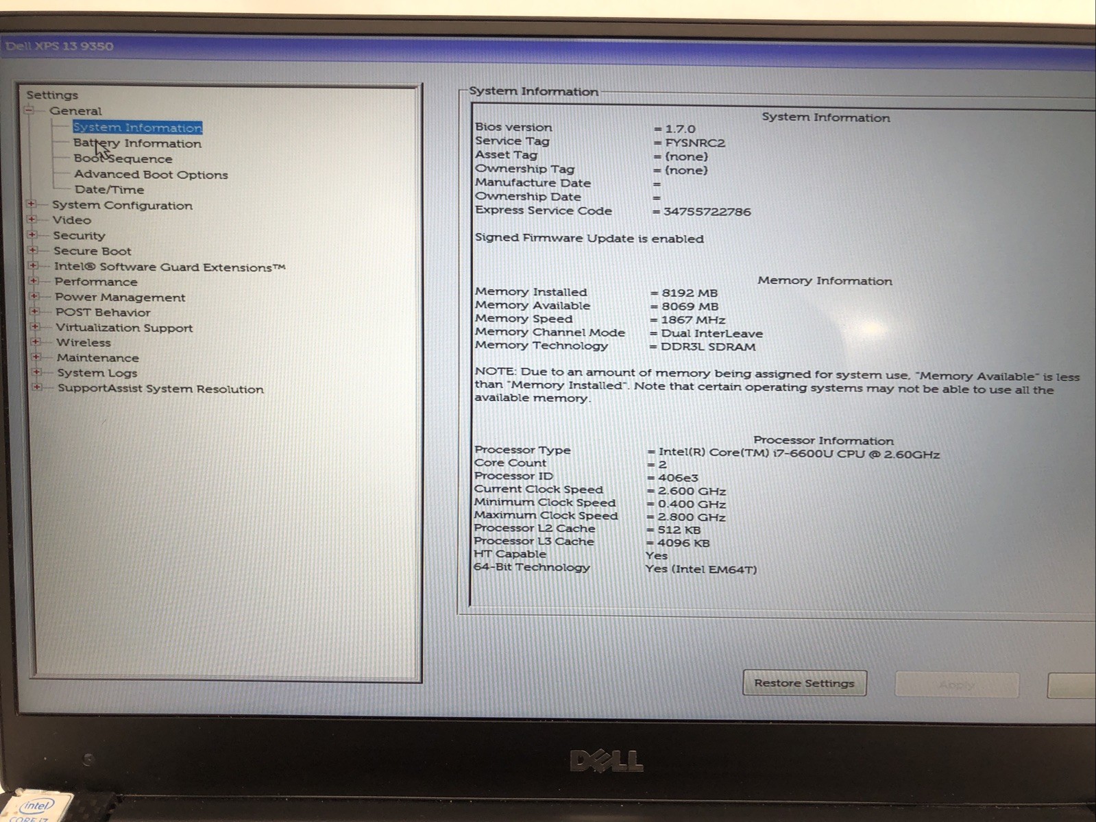 Dell XPS 9350, Intel Core i7-6600U @2.60Ghz, 8GB RAM, NO SSD/OS, TESTED!