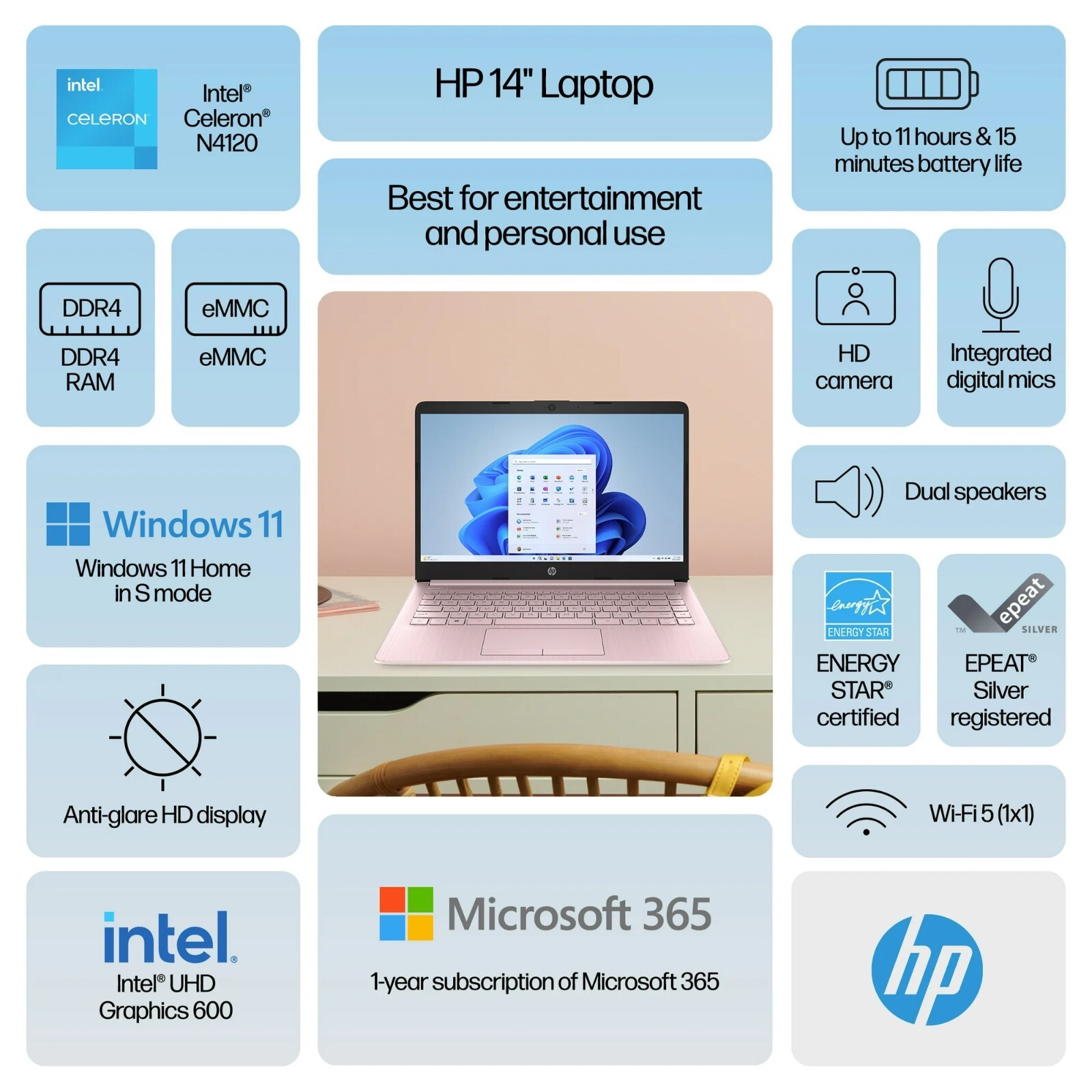HP 2024 Newest Laptop 14″HD Intel 4-Core Up to 16GB RAM & 320GB Storage Pink