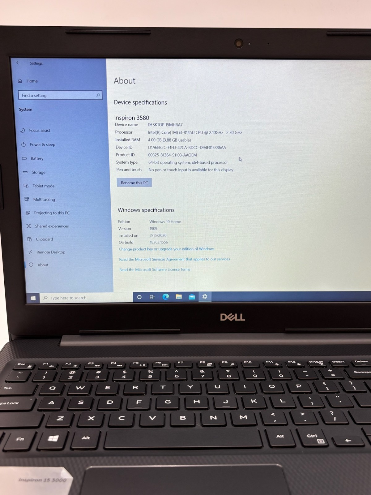 Dell Inspiron 3580 15.6″ 1 TB HDD 4 GB RAM i3-8145U Windows 10 Home