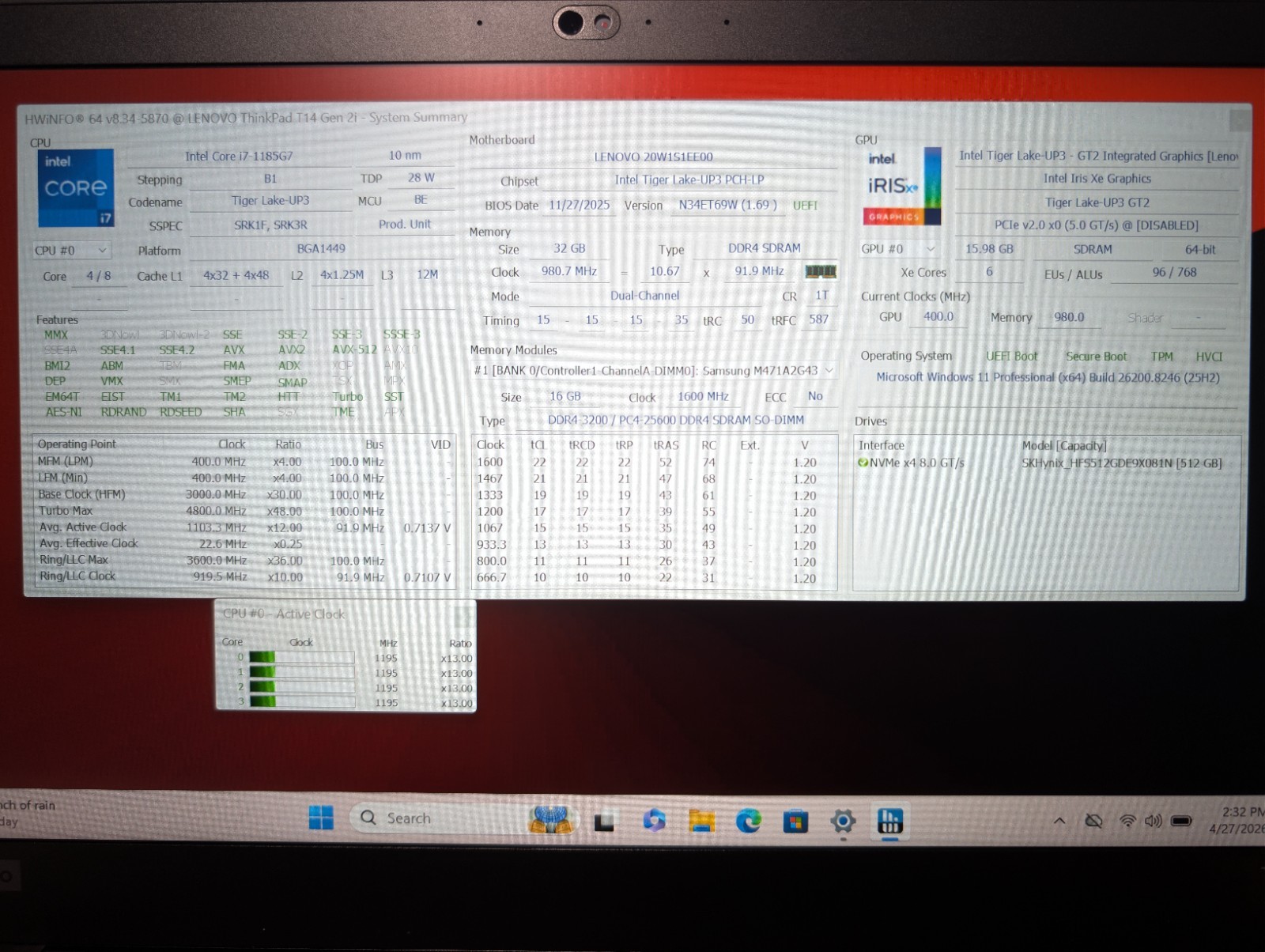 LENOVO THINKPAD T14 GEN 2i Touchscreen | i7-1185G7 32GB RAM 512GB NVMe SSD | FHD
