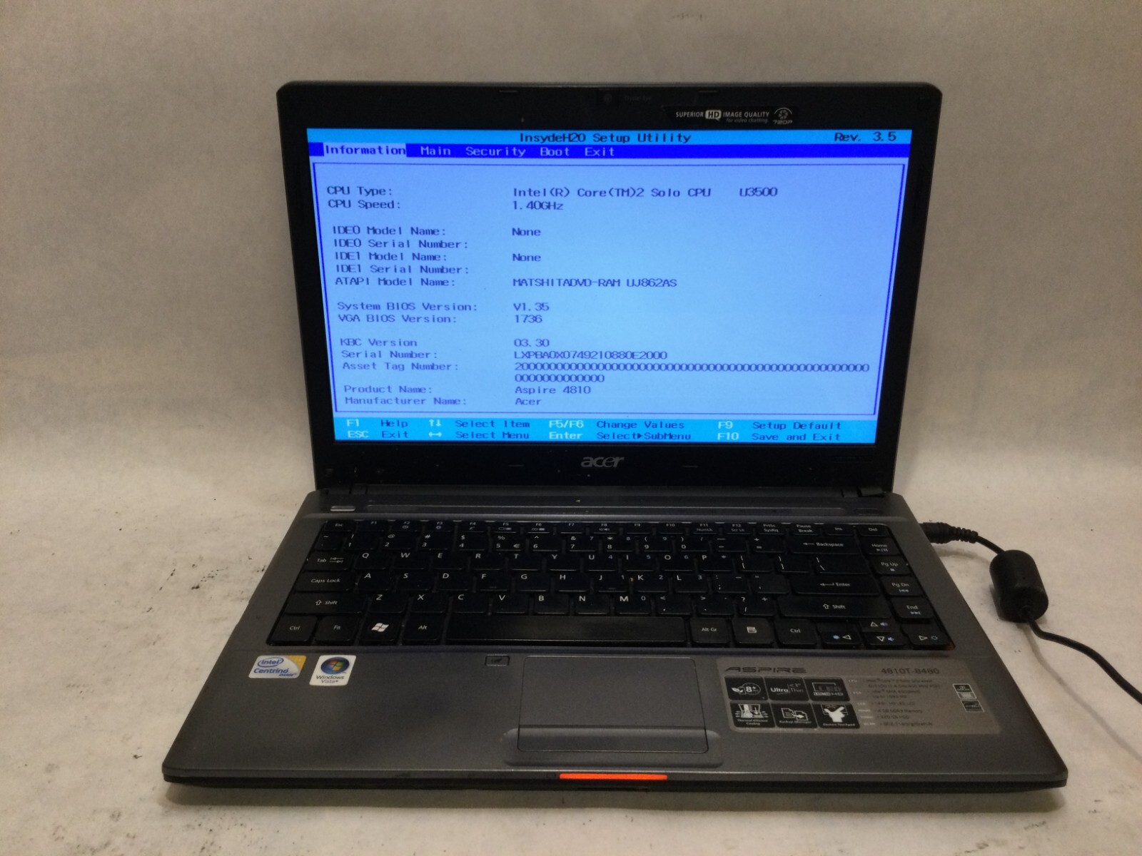 Acer Aspire 4810T-8480 14″ / Intel Core 2 U3500 @ 1.40GHz / (MISSING PARTS!) MR