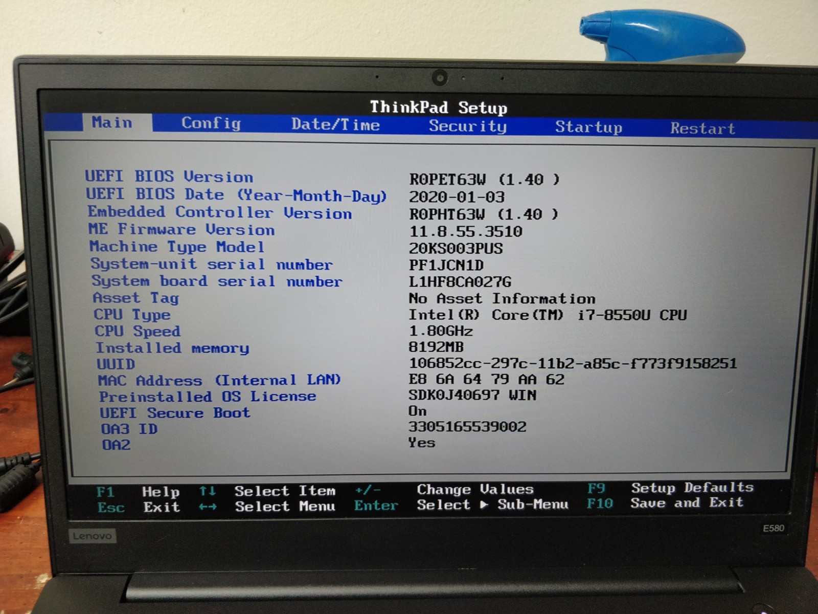 Lenovo ThinkPad E580 INTEL CORE I7-8550U@1.80GHz 8GB RAM NO DRIVE PARTS 8905