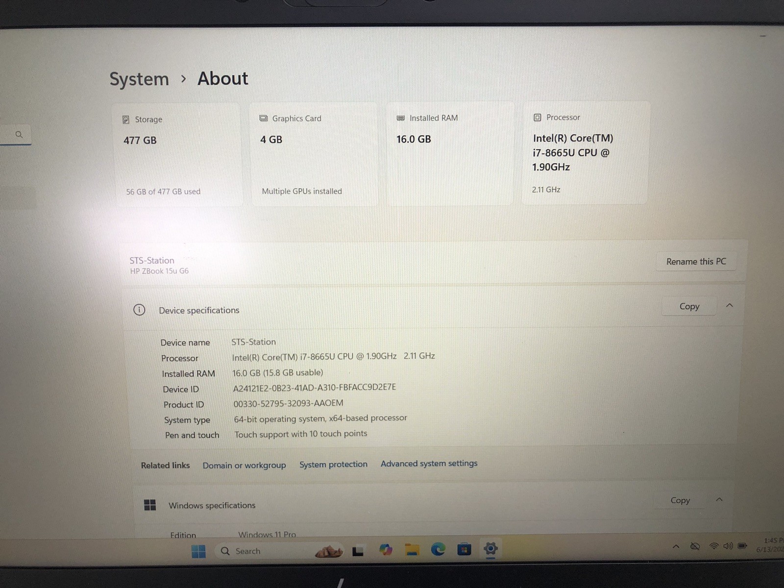HP ZBook 15u G6 Touchscreen i7 16GB 512GB SSD AMD Radeon Pro 4GB Win11