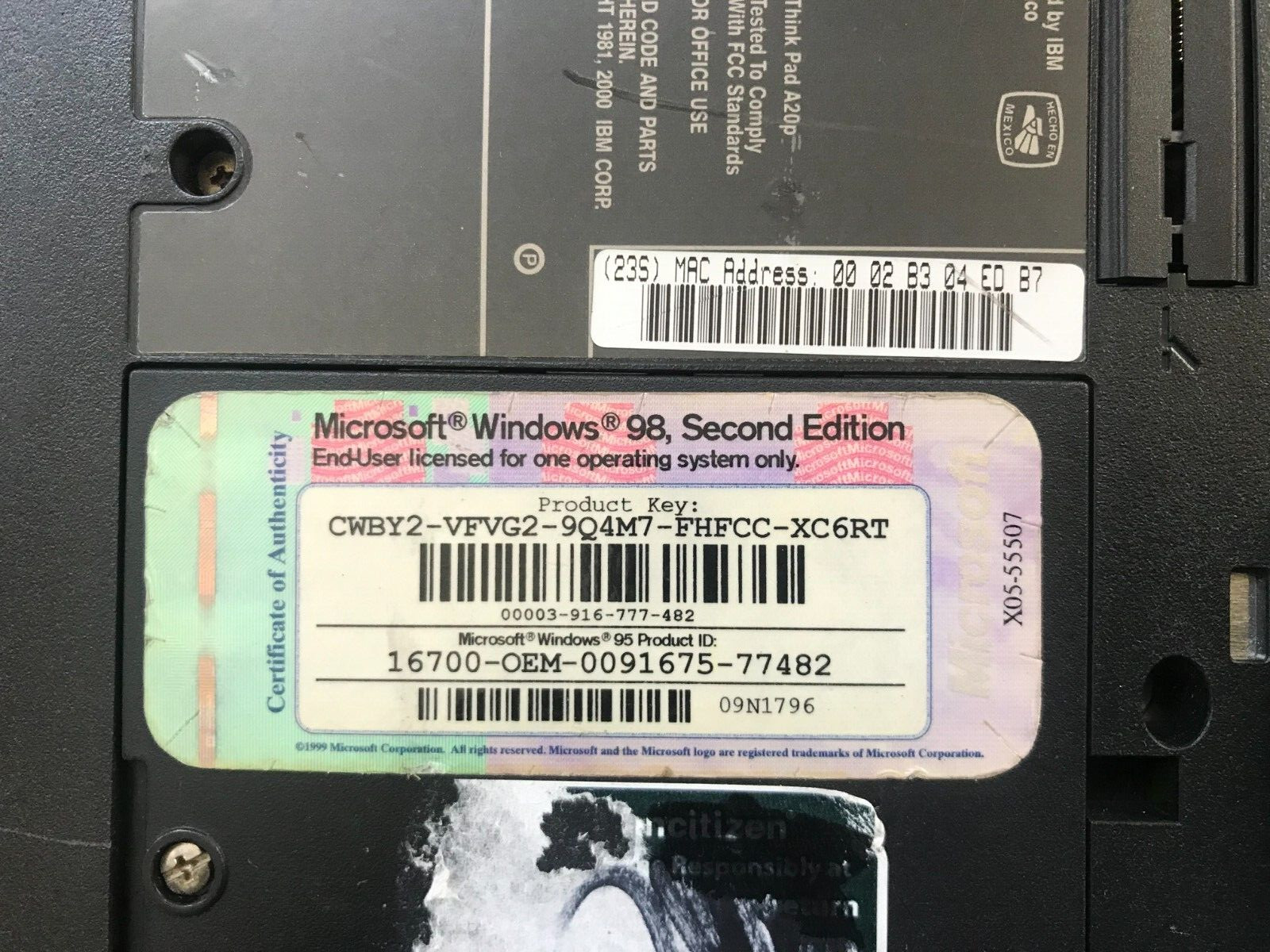 IBM Thinkpad A20p Type 2629-6UU 15″ Intel Pentium III 750GHz 256 MB RAM 40GB HDD