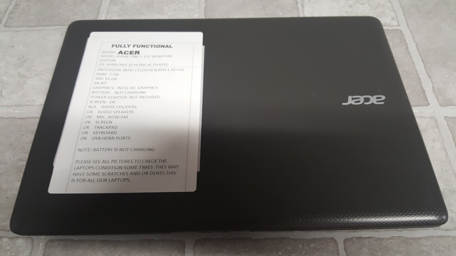 Acer Aspire One Cloudbook Laptop 11 (N15V1) Intel Celeron BATTERY NOT CHARGING