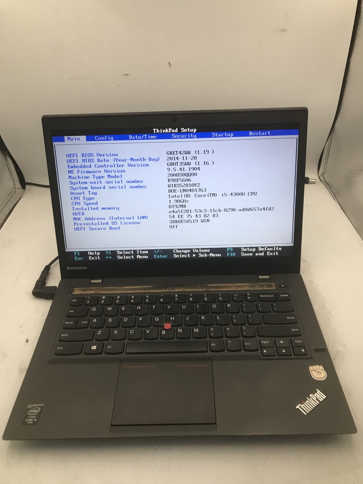 LENOVO THINKPAD X1 CARBON – BOOTS TO BIOS – INTEL I5-4300U – 8GB RAM – READ – BB