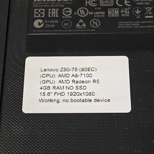 Lenovo Z50-75 Laptop – A8-7100, Radeon R5, 4GB RAM, No SSD, 15.6″ FHD
