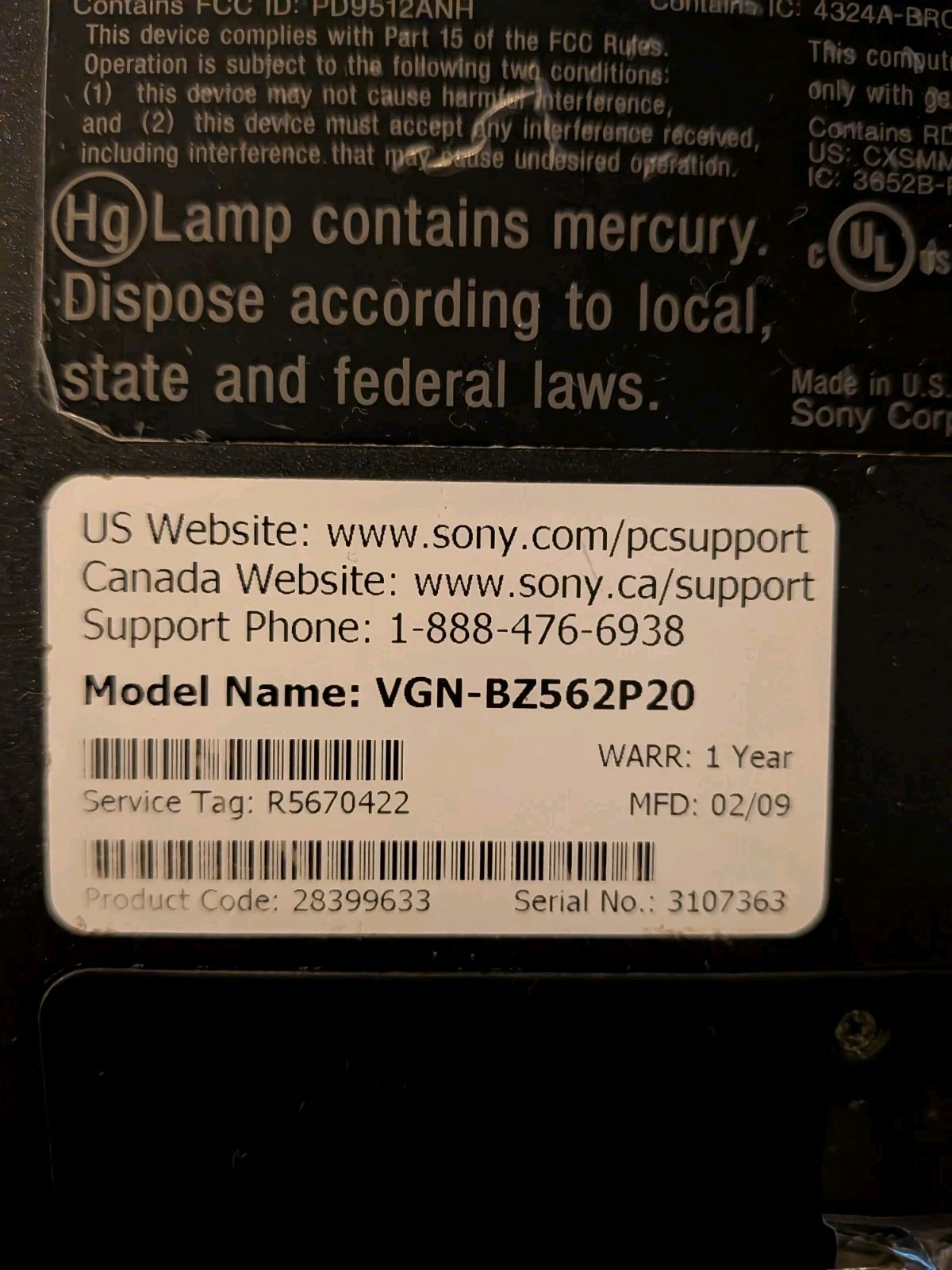 Vintage Sony Vaio VGN-BZ562P20 Laptop 15.6 LCD PCG-9Z1L. w/ adapter & Dell bag.